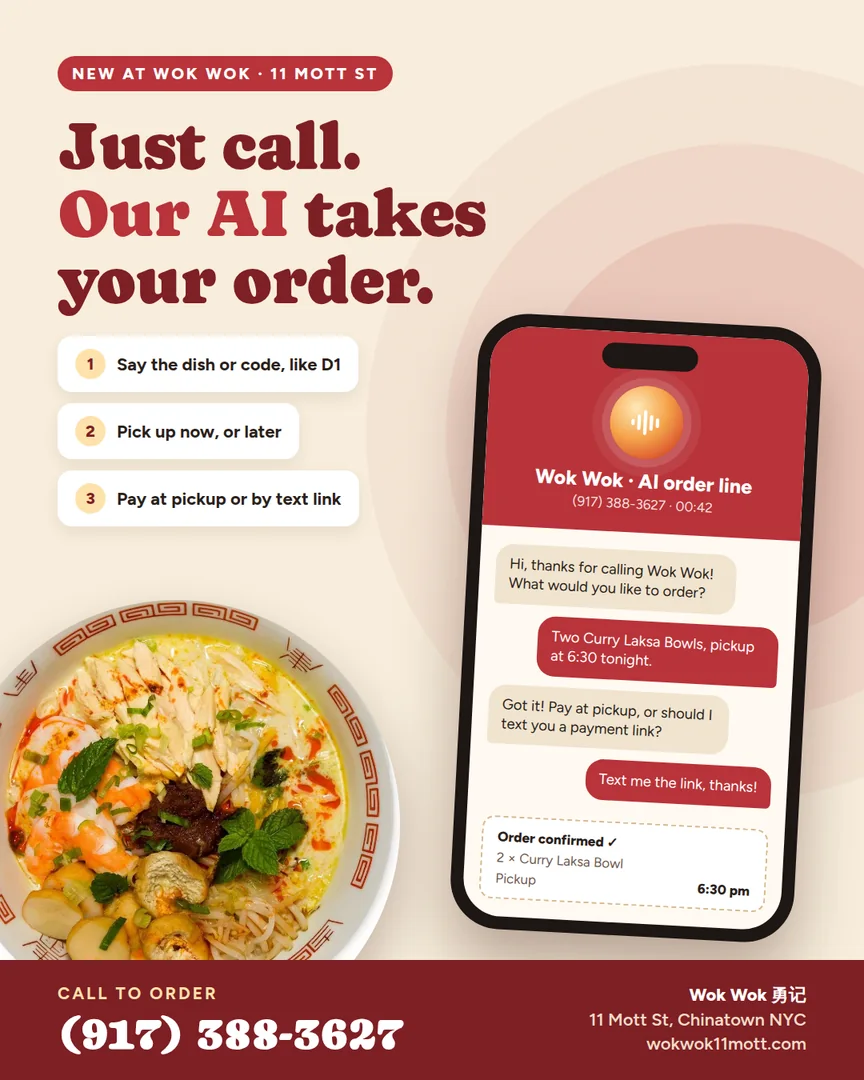 Wok Wok AI phone assistant taking a pickup order for two curry laksa