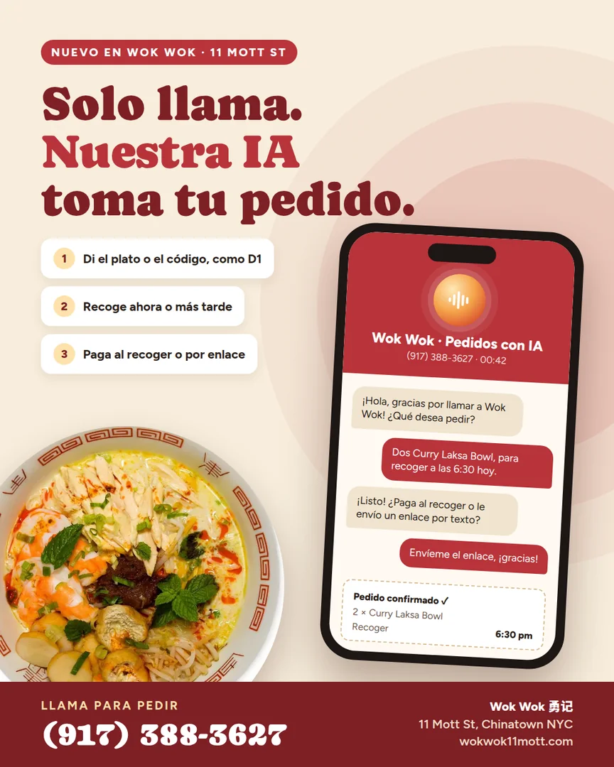 Asistente telefónico con IA de Wok Wok tomando un pedido para recoger