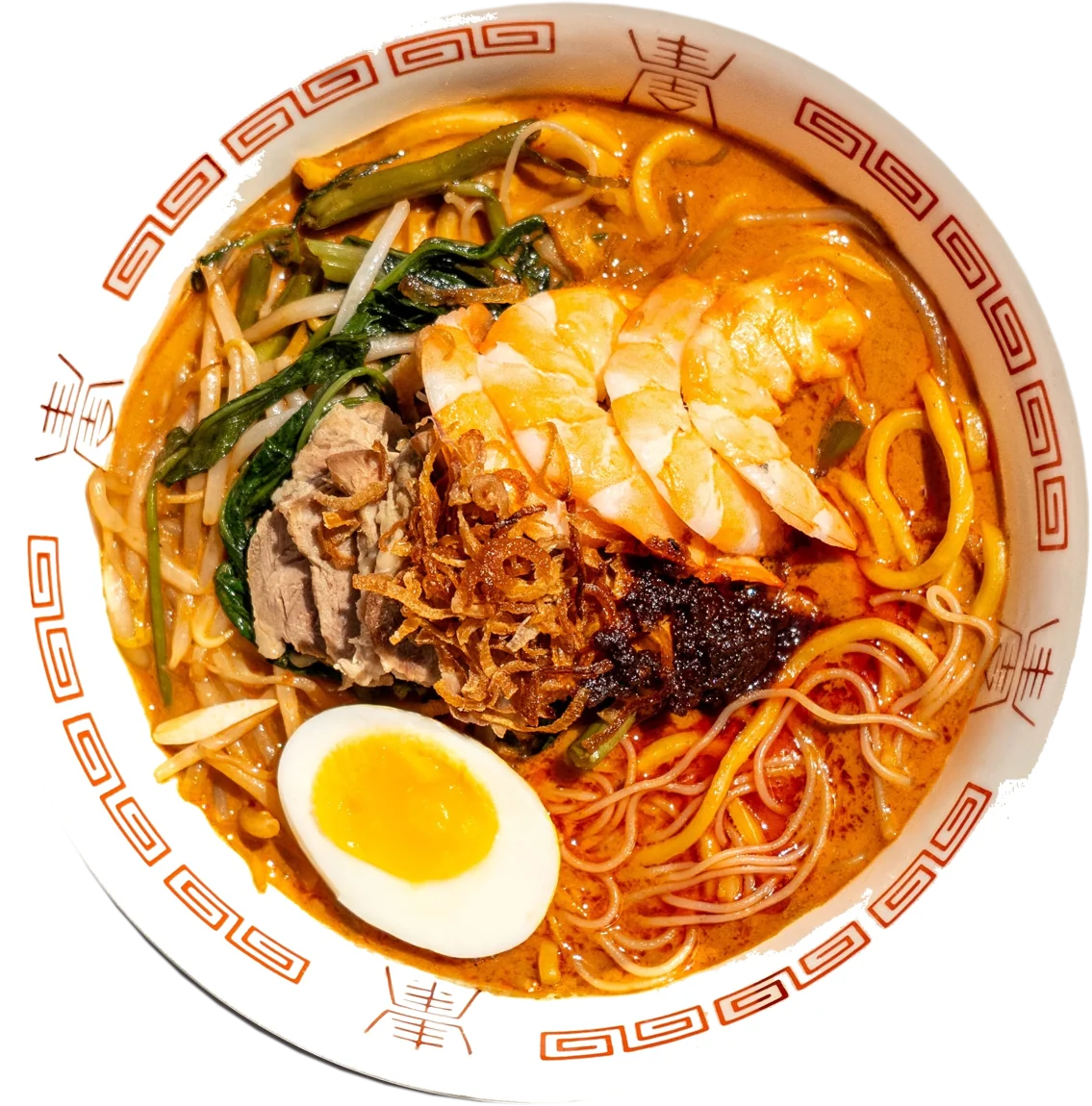 Wok Wok Penang Har Mee Bowl with prawns, pork, kangkung and a soft egg in prawn broth