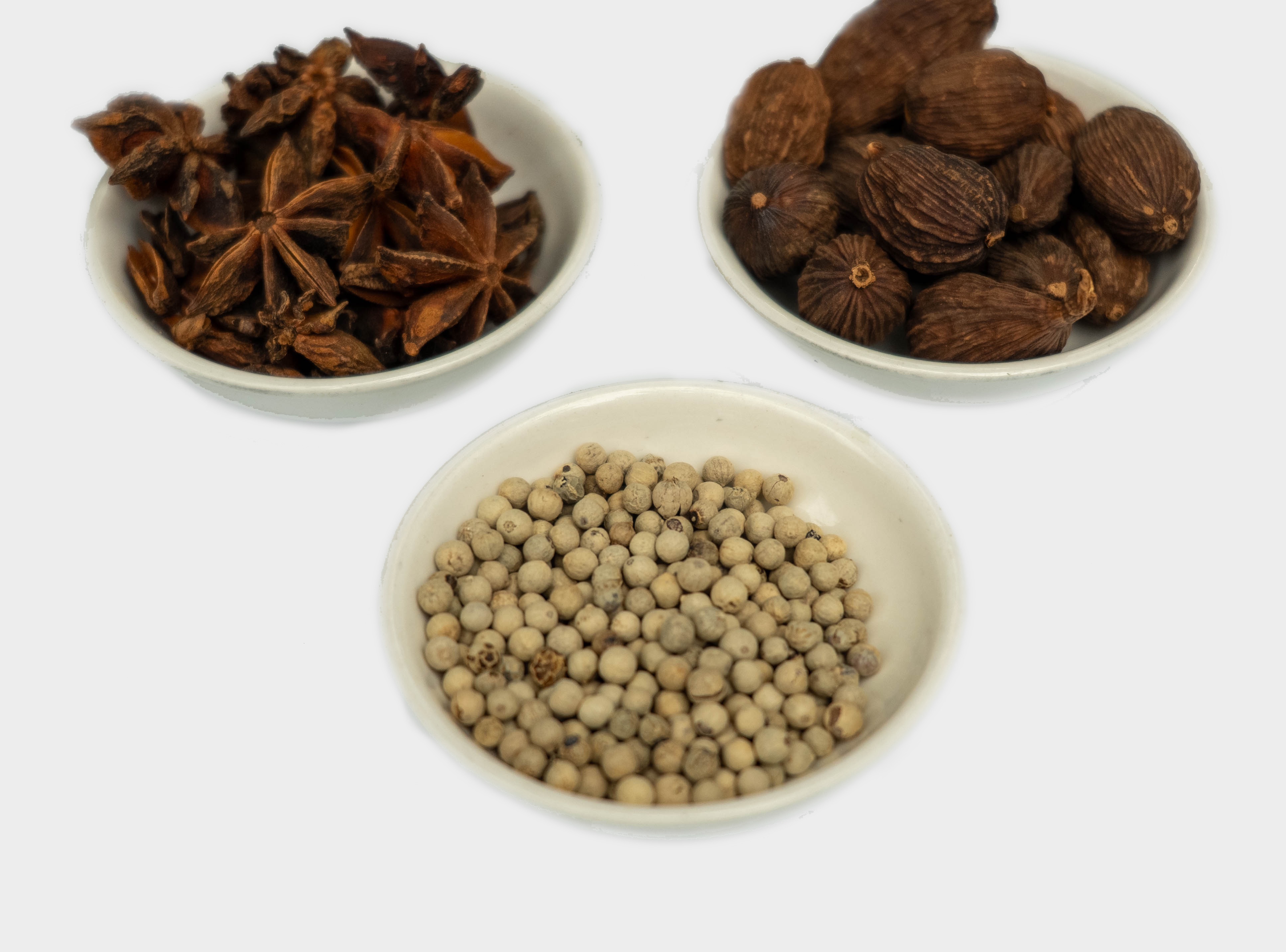 Star anise, black cardamom and white peppercorns in small dishes