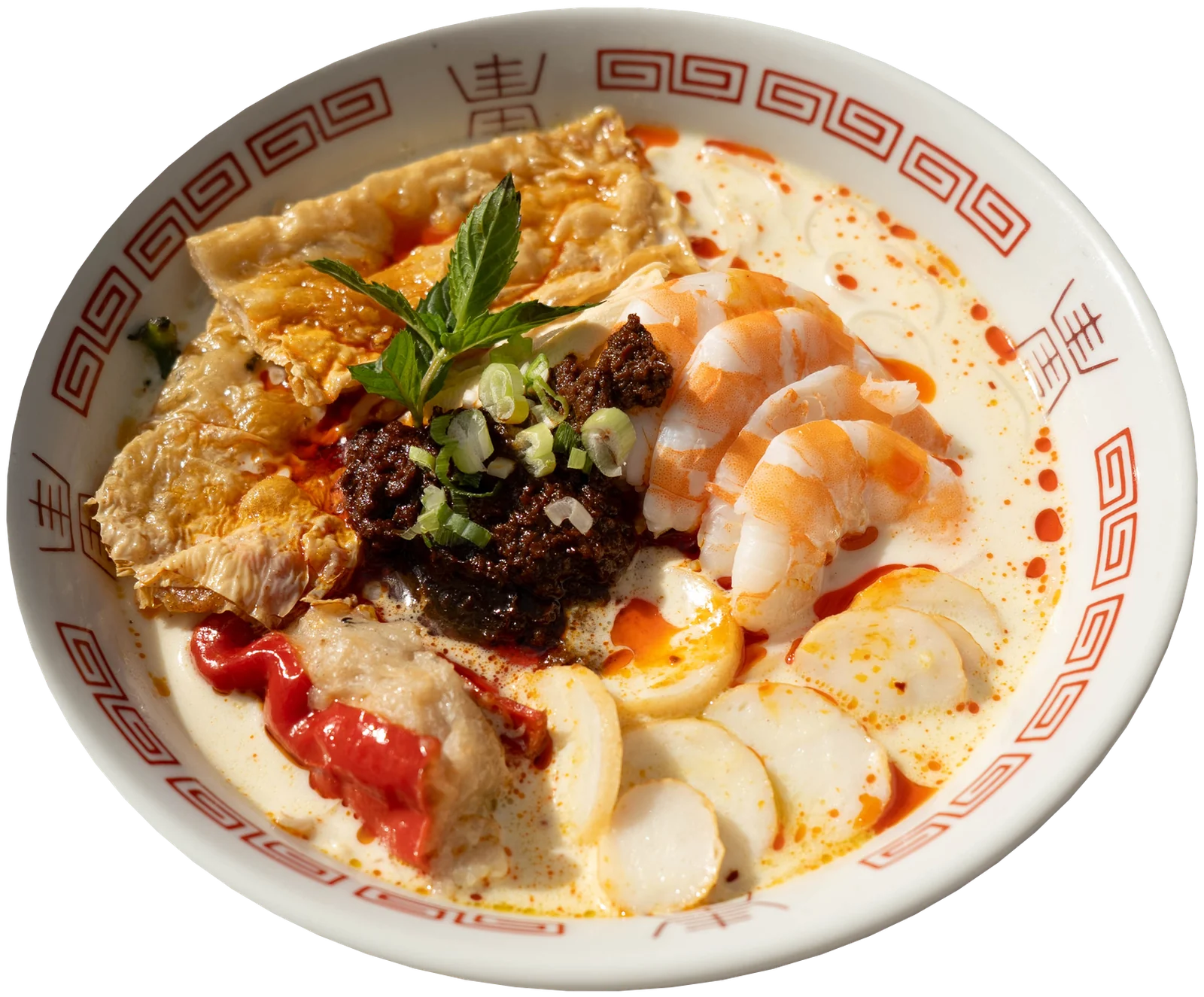 Wok Wok Signature Curry Laksa Bowl with prawns, bean curd roll, stuffed chili and fish cake